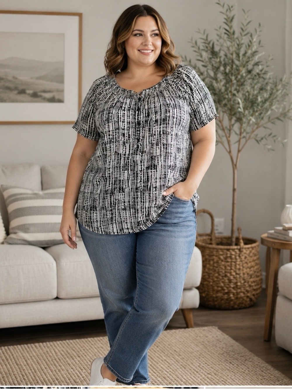 Faded Glory Black White Abstract Print Peasant Blouse Size 2X 18W 20W